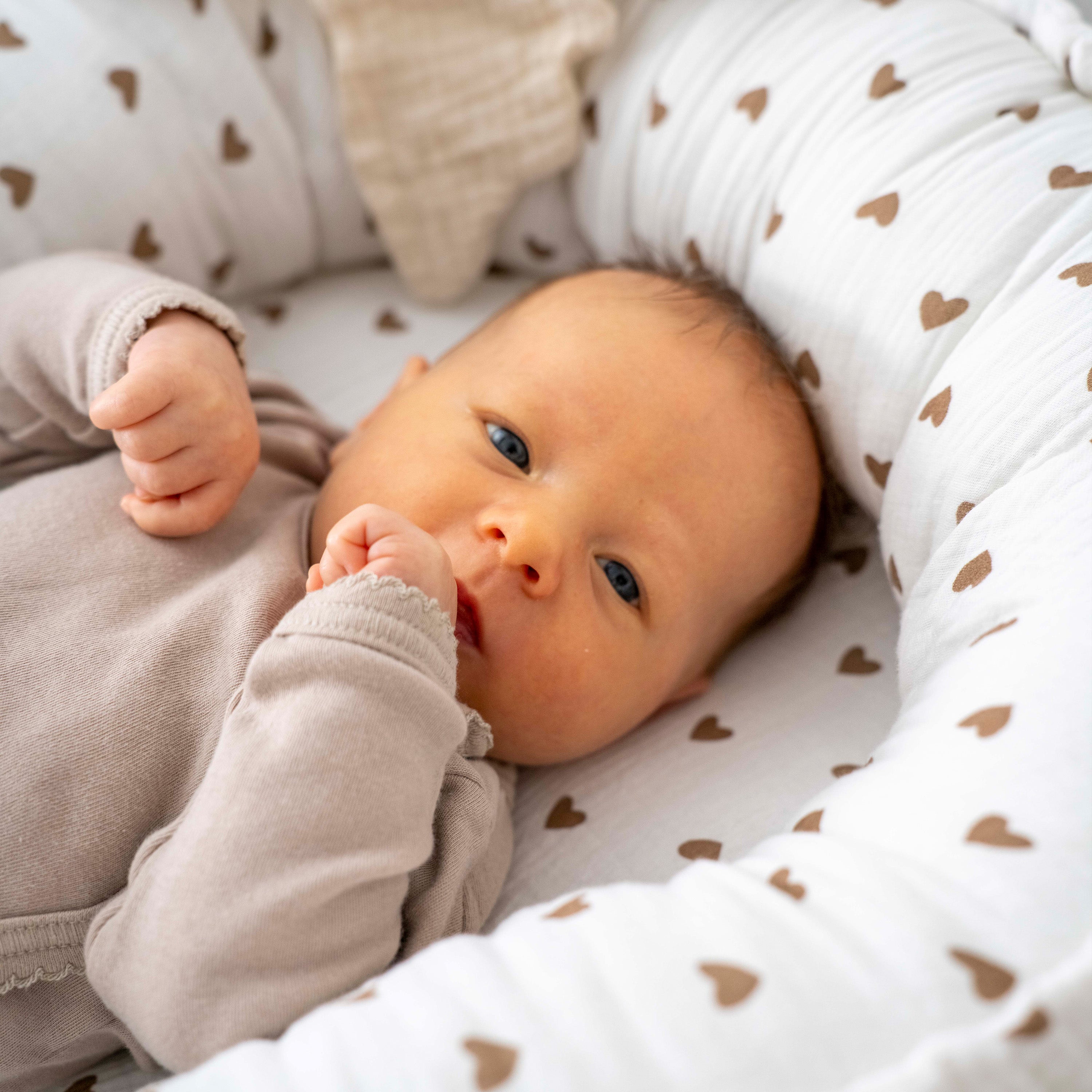 Babynestchen Musselin Herzen braun – Weicher mitwachsender Baby-Kokon - Herzen braun - Babynestchen