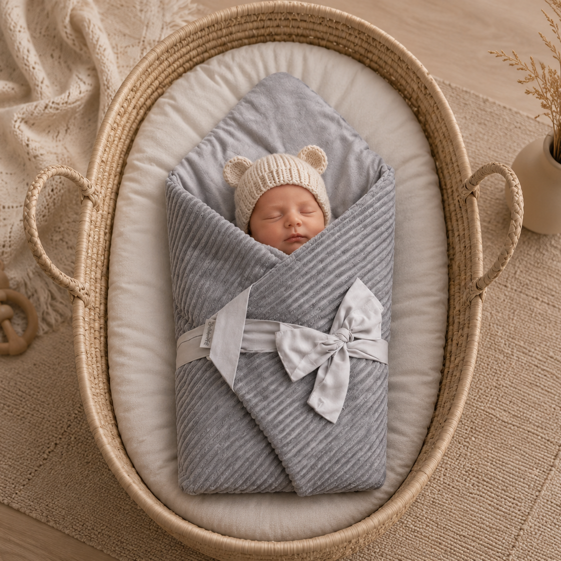 Babyhörnchen cord grau d4k lifestyle mit baby im moseskorb