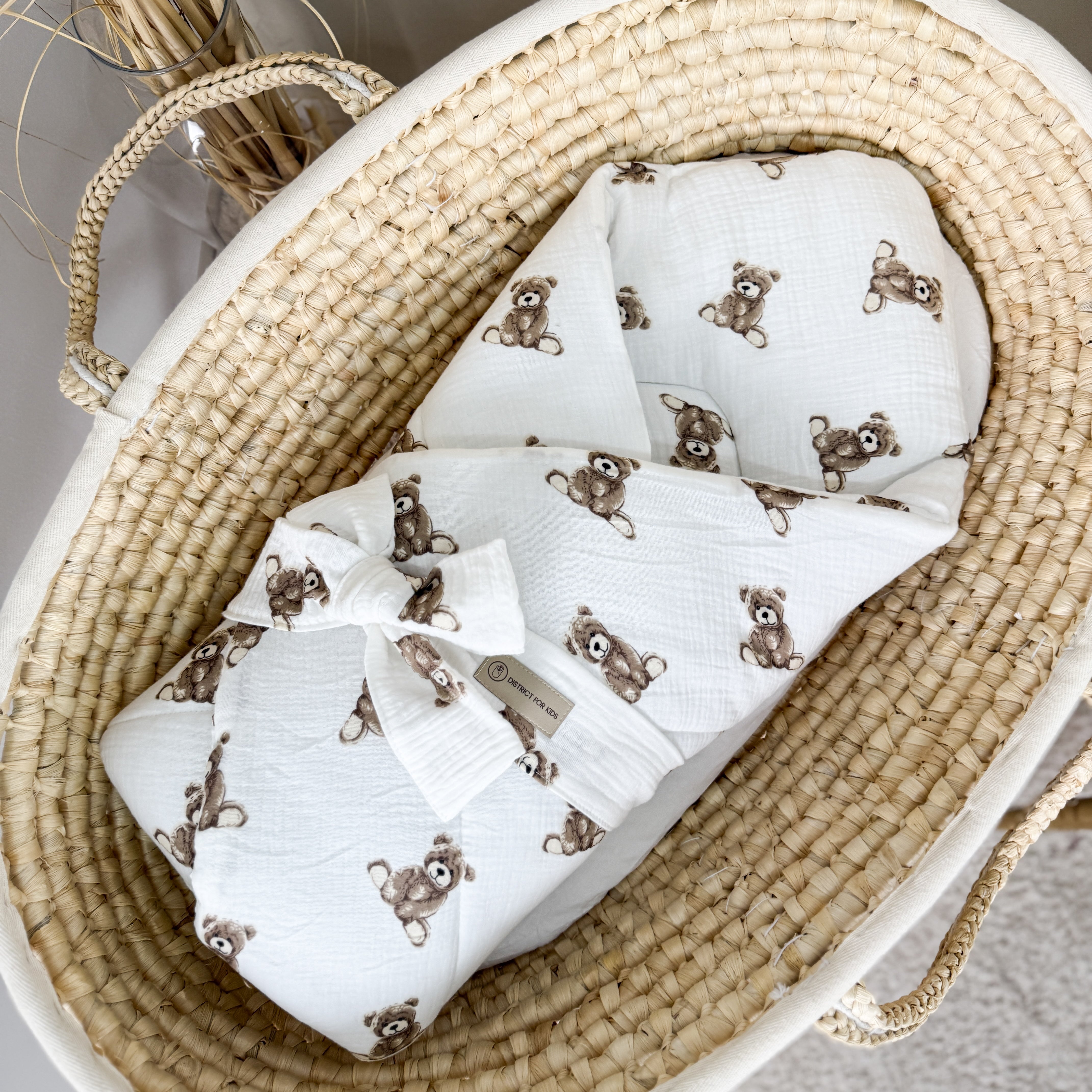 Babyhörnchen Musselin mit Schleife – Puckdecke & Einschlagdecke Muster Teddybär-Babyhörnchen-District for Kids-2.5 TOG-District for Kids