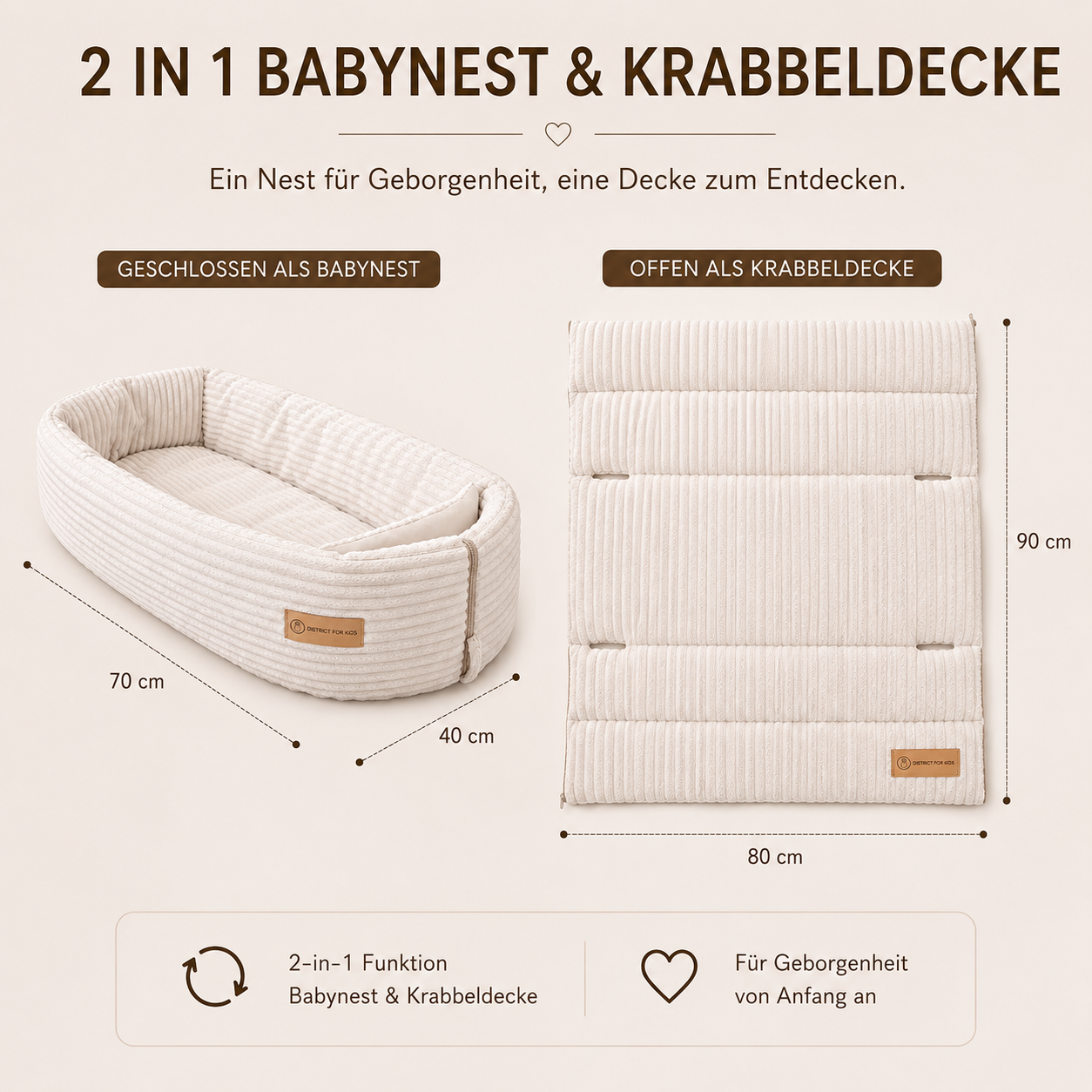 Babynest krabbeldecke 2 in1 district for kids cordc creme größe