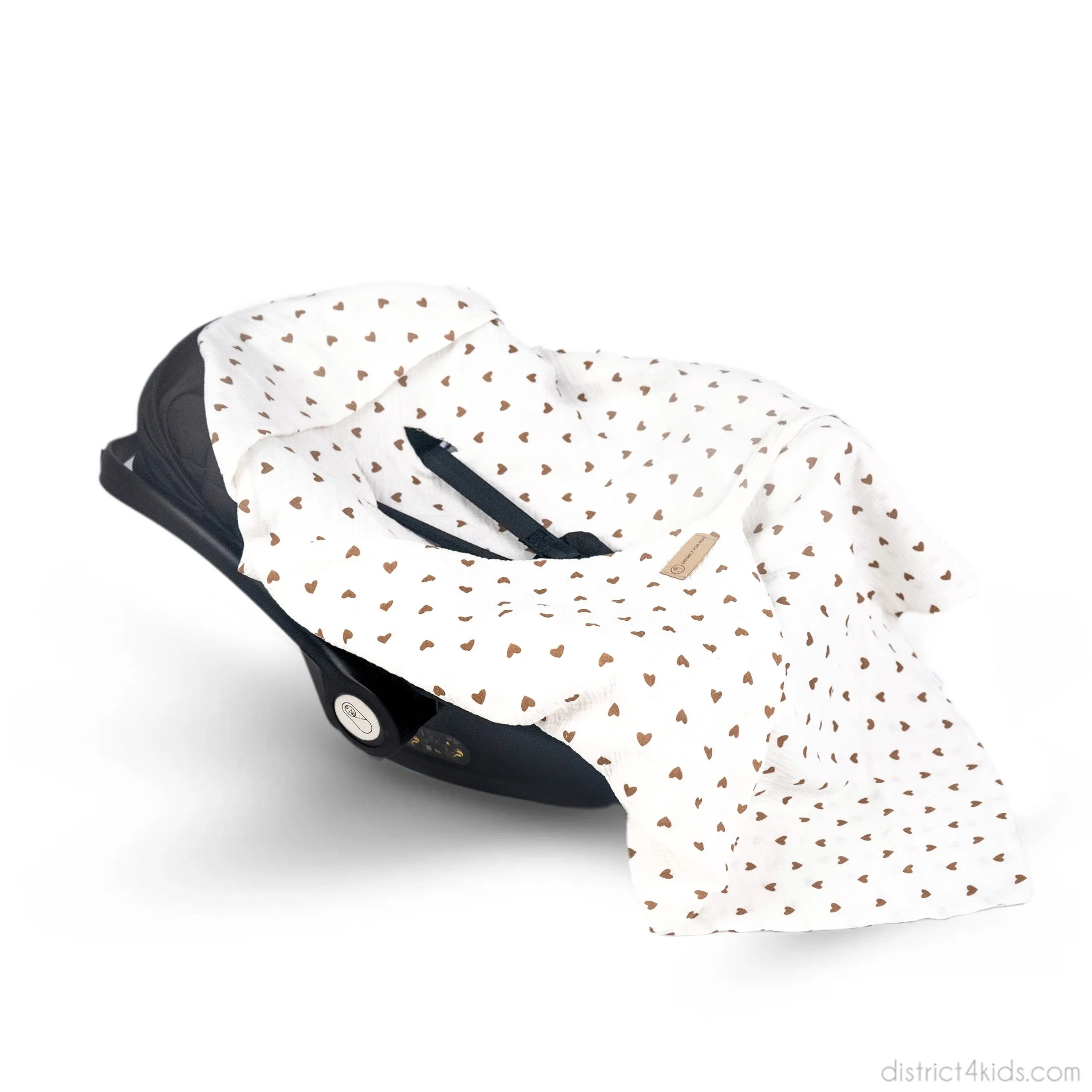 Einschlagdecke für Babyschale aus Musselin Braune Herzen | Leichte Sommer Autoschalen Decke 0.5 TOG District for Kids