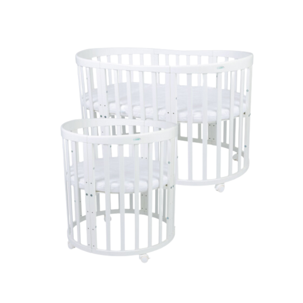 Mitwachsendes Babybett 7-in-1 – Ein Bett für viele Jahre | Ovale Form-Babybett-Waldin-Weiß-District for Kids