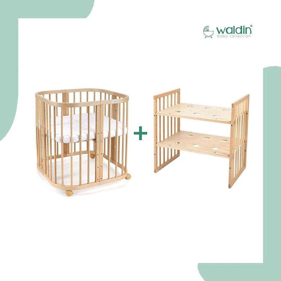 Mitwachsendes Babybett 7-in-1 – Ein Bett für viele Jahre | Quadratische Form-Babybett-Waldin-Natur-District for Kids