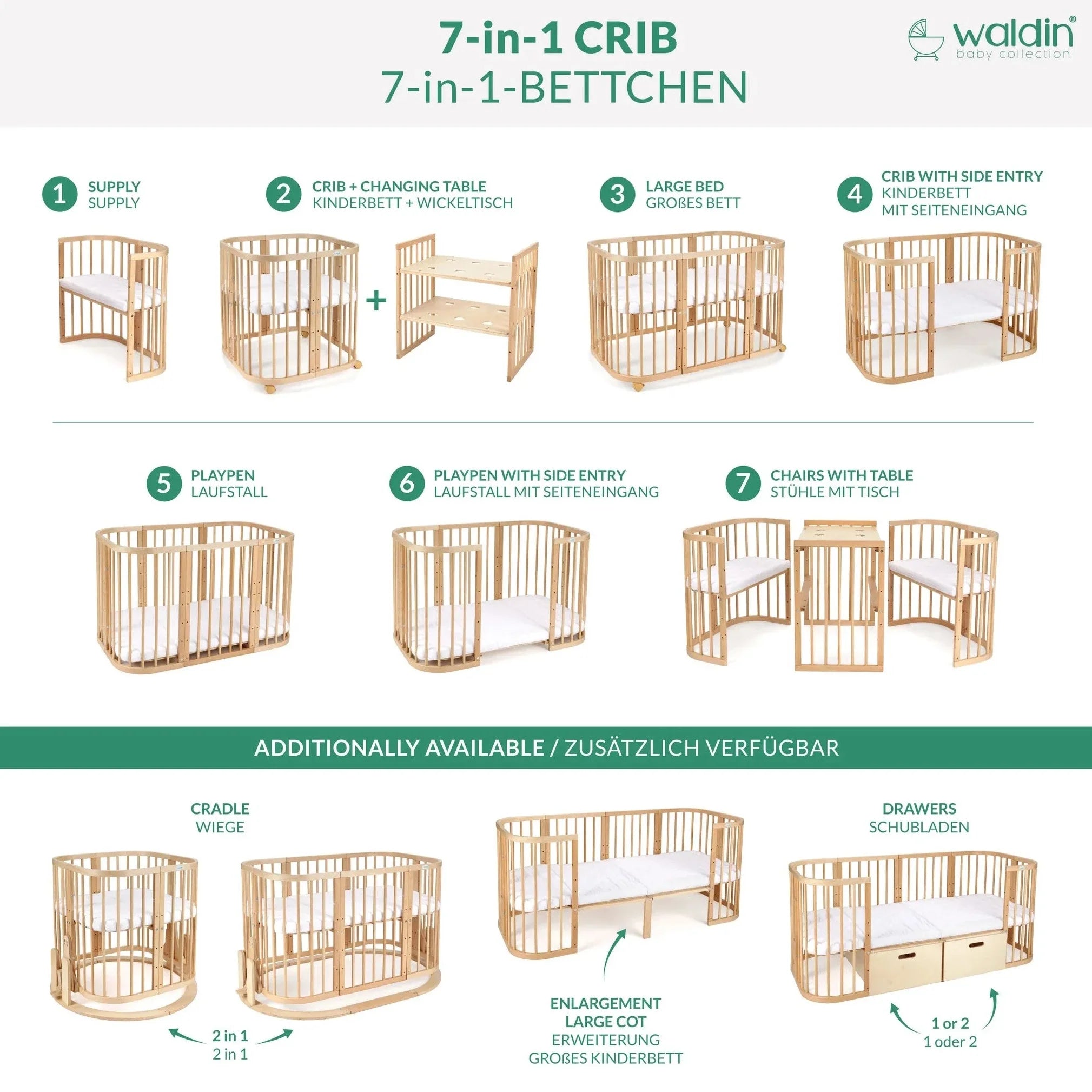 Mitwachsendes Babybett 7-in-1 – Ein Bett für viele Jahre | Quadratische Form-Babybett-Waldin-Natur-District for Kids