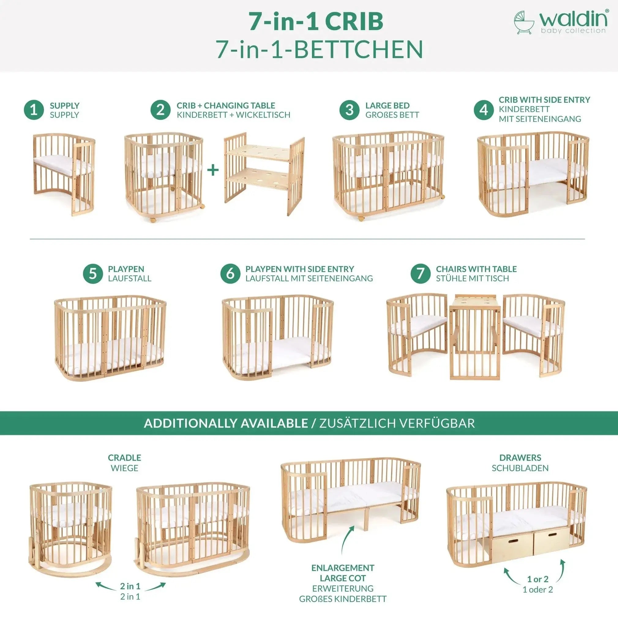 Mitwachsendes Babybett 7-in-1 – Ein Bett für viele Jahre | Quadratische Form-Babybett-Waldin-Natur-District for Kids
