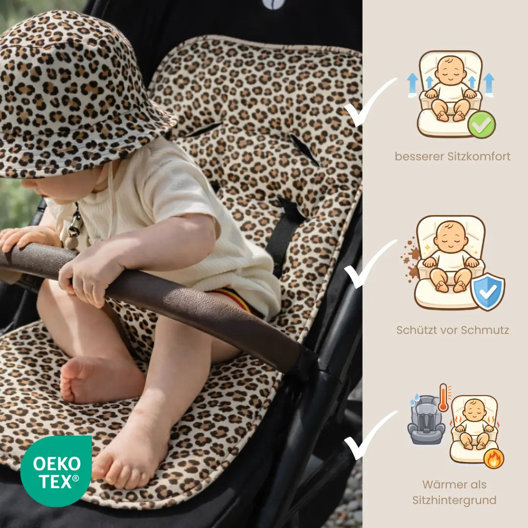 Sitzauflage Baumwolle Leoprint für den Kinderwagen inkl. Gurtschutz - universell passend District for Kids