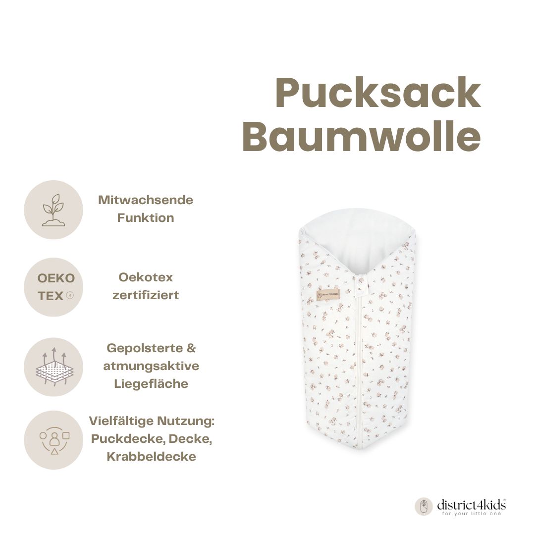 Pucksack Baumwolle Rosen mitwachsend – Ganzjahres Babyschlafsack & Einschlafhilfe - Pucksack