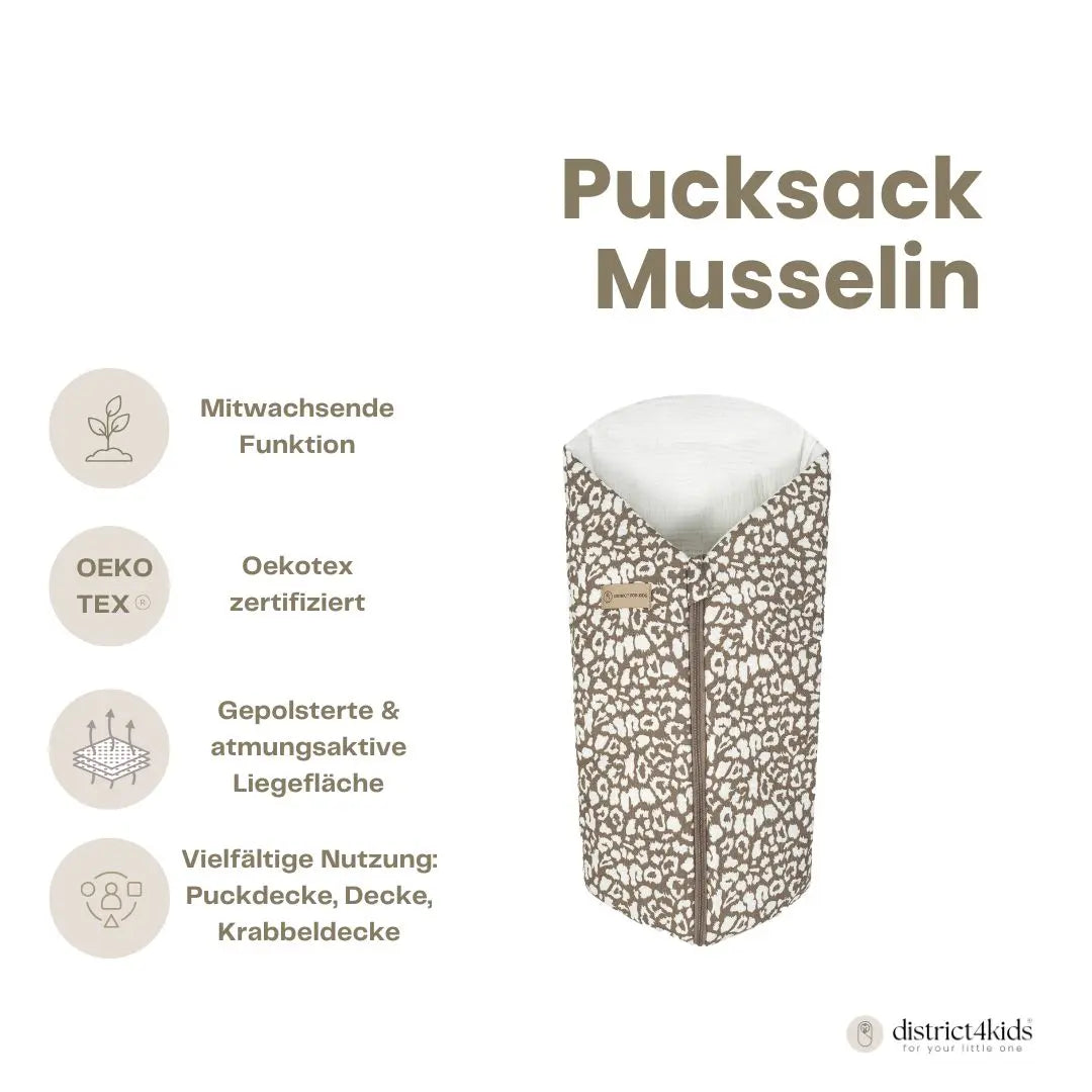Pucksack Musselin Leopard mitwachsend - Ganzjahres Babyschlafsack - Pucksack