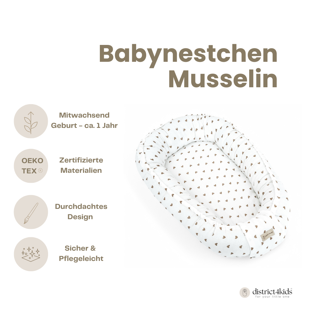 Babynestchen Musselin Herzen braun – Weicher mitwachsender Baby-Kokon - Herzen braun - Babynestchen