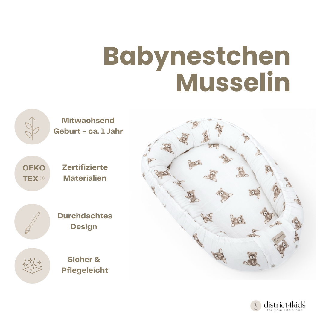 Babynestchen Musselin Teddybär – Weicher Baby-Kokon - Teddybär - Babynestchen