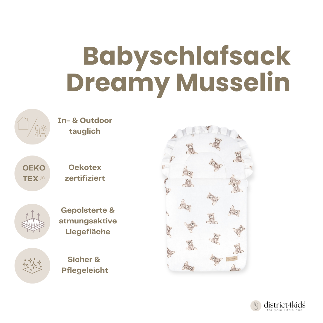 Babyschlafsack Dreamy Musselin Teddybär – süßer Ganzjahresschlafsack - Babyschlafsack