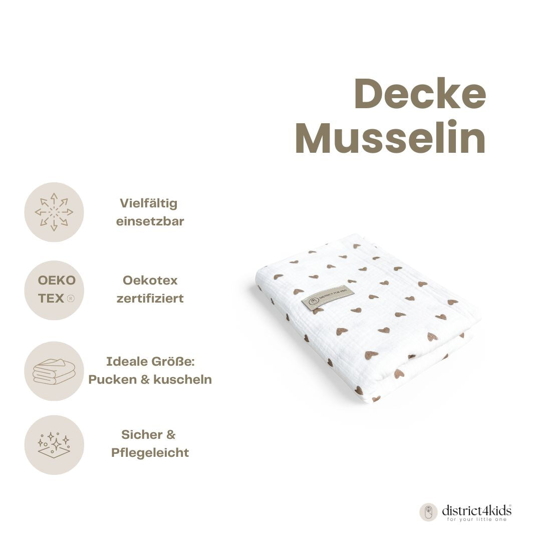 Decke Musselin Herzen braun - Mulltuch Schmuse- & Puckdecke - Herzen braun - Bettdecke