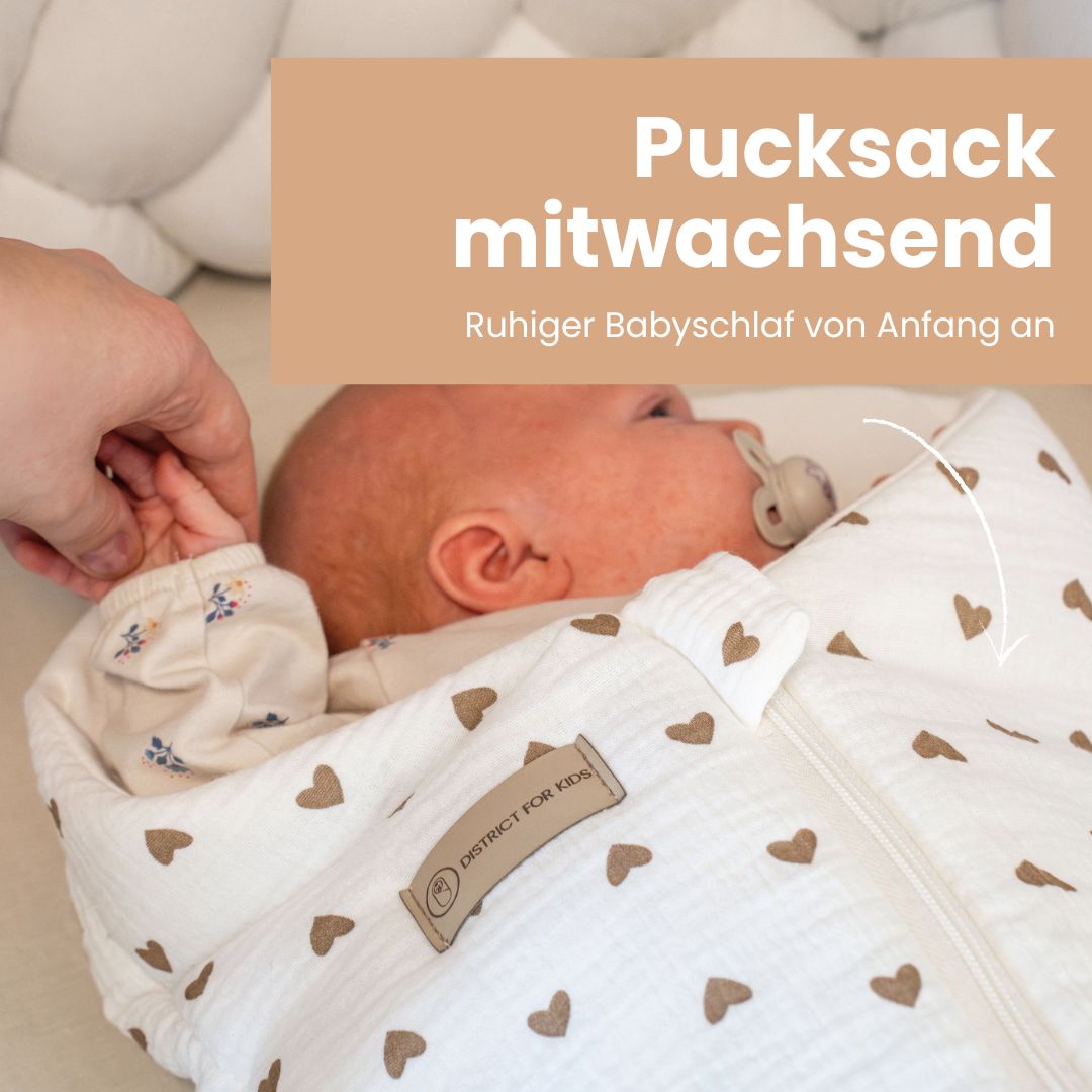 Pucksack Musselin Herzen braun mitwachsend – Ganzjahres Babyschlafsack - Pucksack