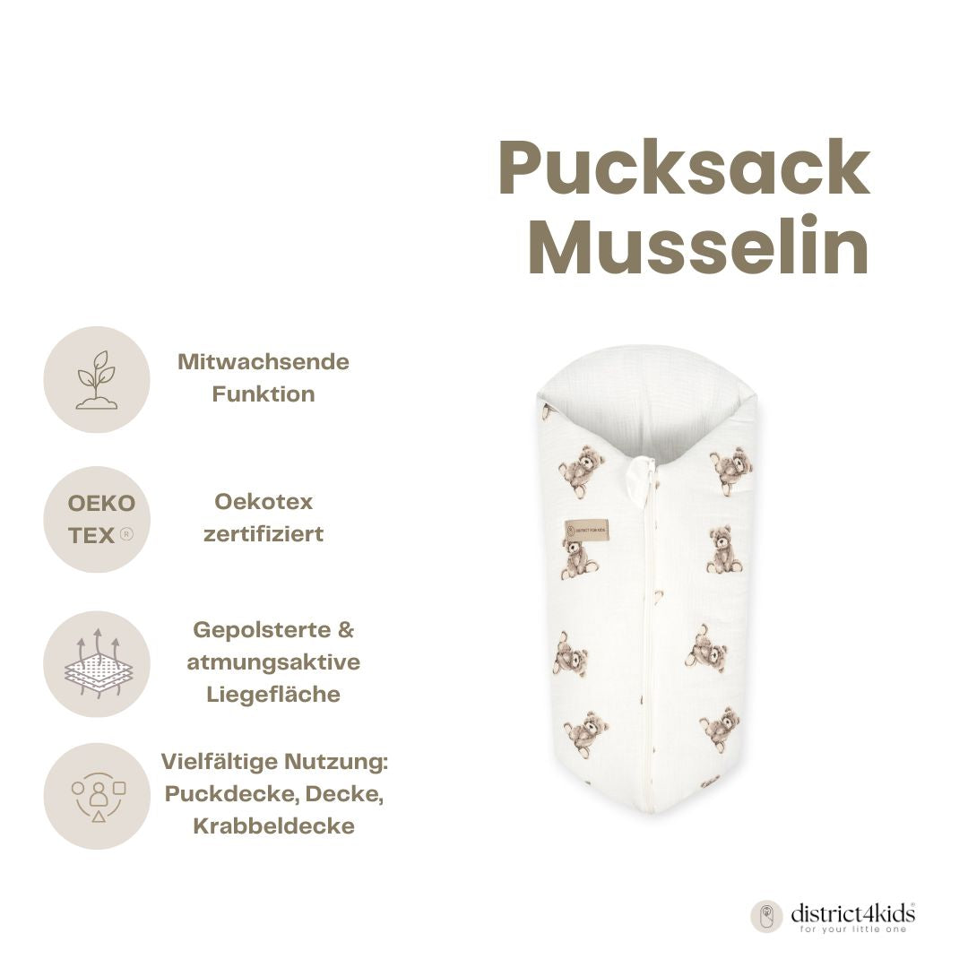 Pucksack Musselin Teddybär mitwachsend – Ganzjahres Babyschlafsack ab Geburt - Pucksack