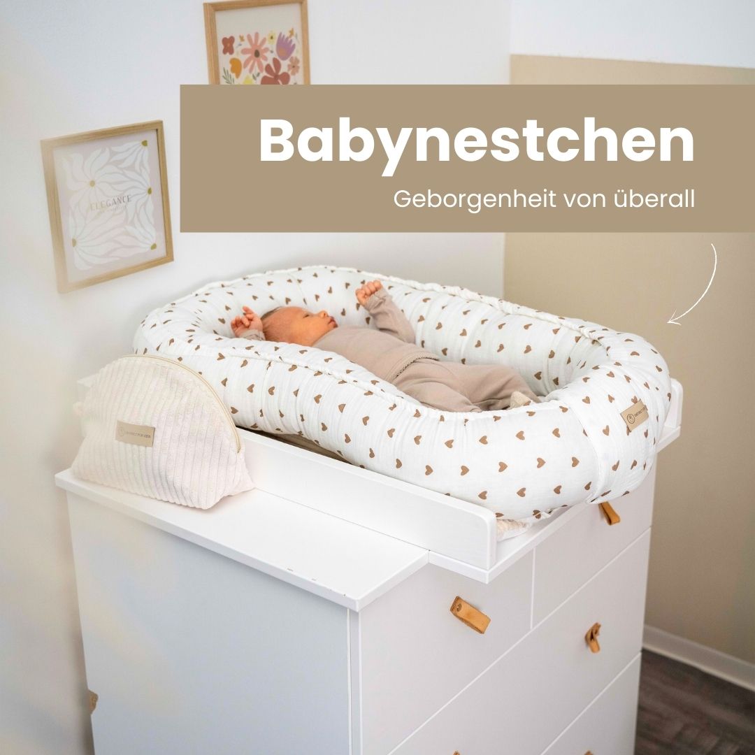 Babynestchen Musselin Herzen braun – Weicher mitwachsender Baby-Kokon - Herzen braun - Babynestchen