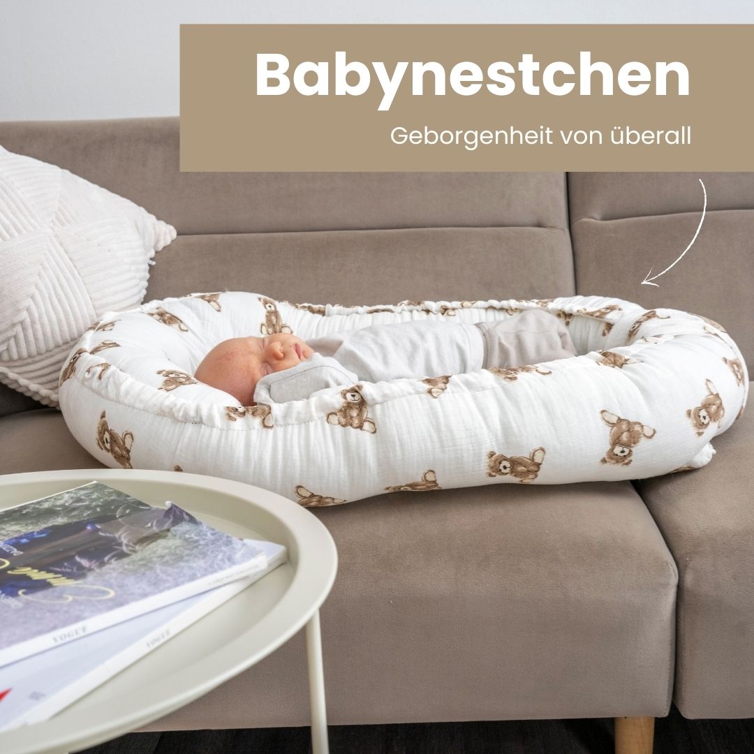Babynestchen Musselin Teddybär – Weicher Baby-Kokon - Teddybär - Babynestchen