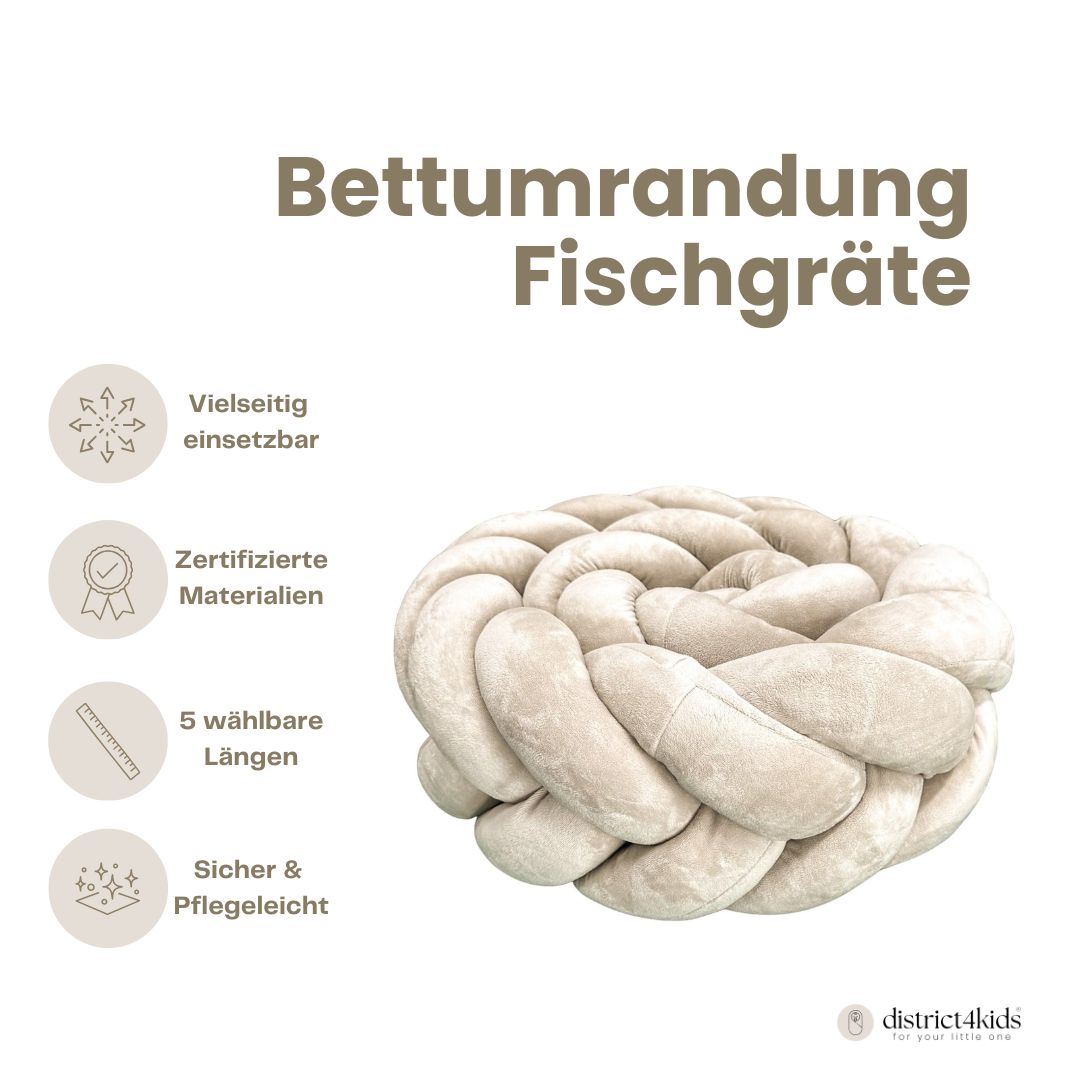 Bettschlange geflochten Fischgrätenoptik Velours – Premium Schutz & Komfort - Bettumrandung