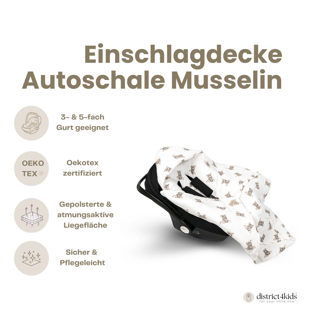 Einschlagdecke Musselin Teddybär – Perfekt für Autoschale Ganzjährig - Einschlagdecke Autoschale