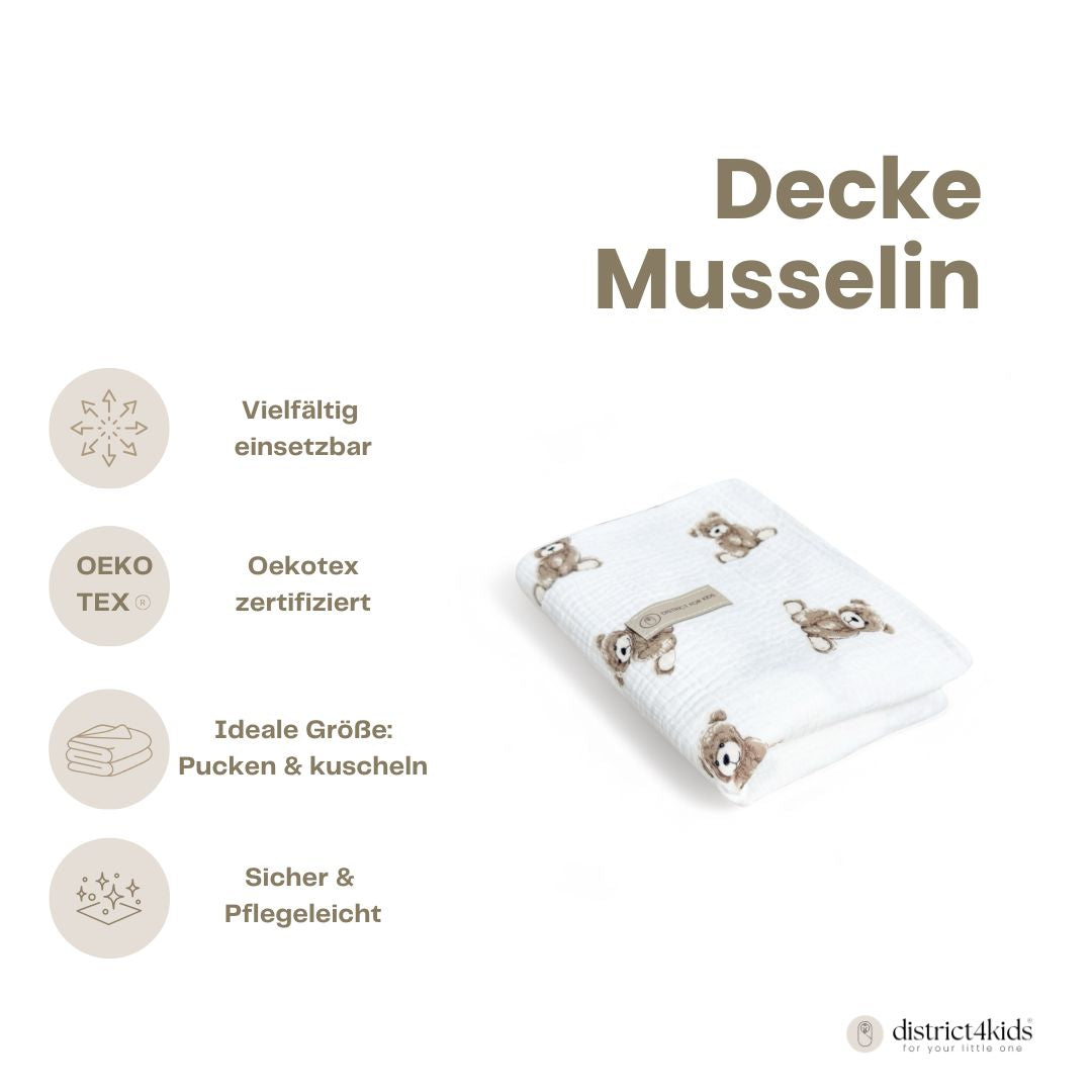 Decke Musselin Teddybär - Mulltuch Schmuse- & Puckdecke - Bettdecke