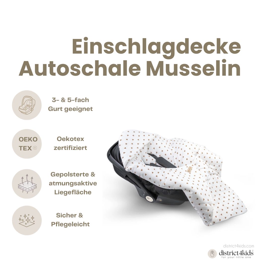 Einschlagdecke Musselin Herzen braun – Perfekt für jede Autoschale - Einschlagdecke Autoschale