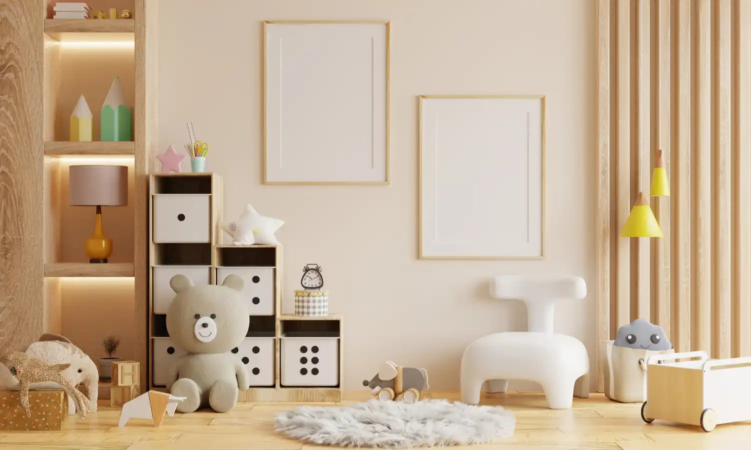 Ein hell erleuchtetes, minimalistisches Kinderzimmer mit zwei leeren Bilderrahmen an der Wand.