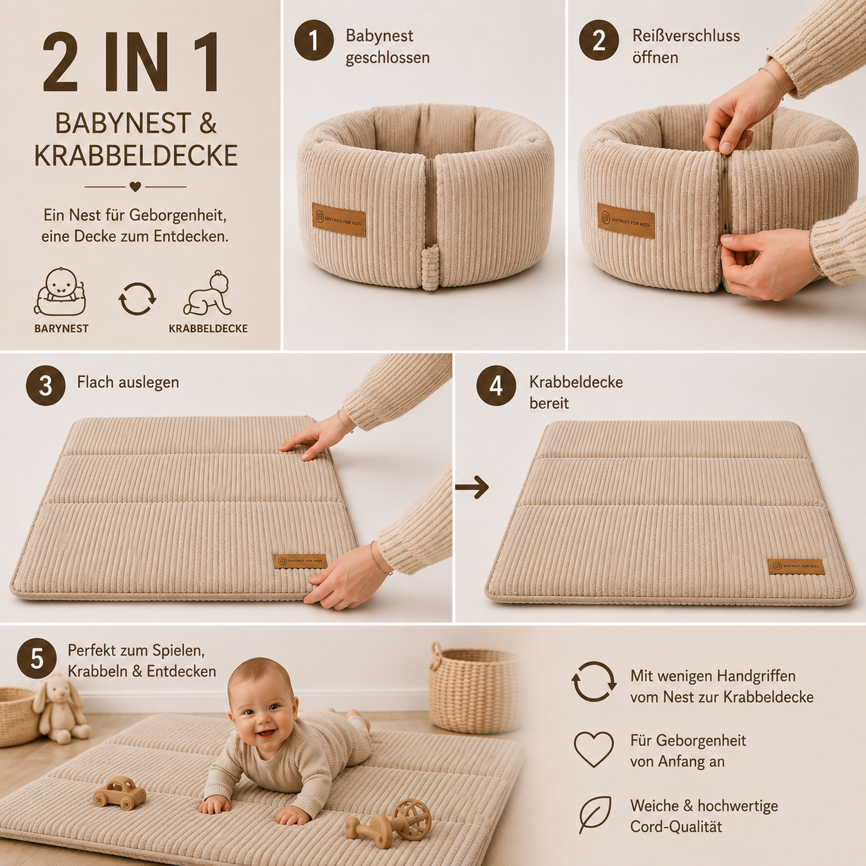 Babynest krabbeldecke 2 in1 district for kids cordc creme step
