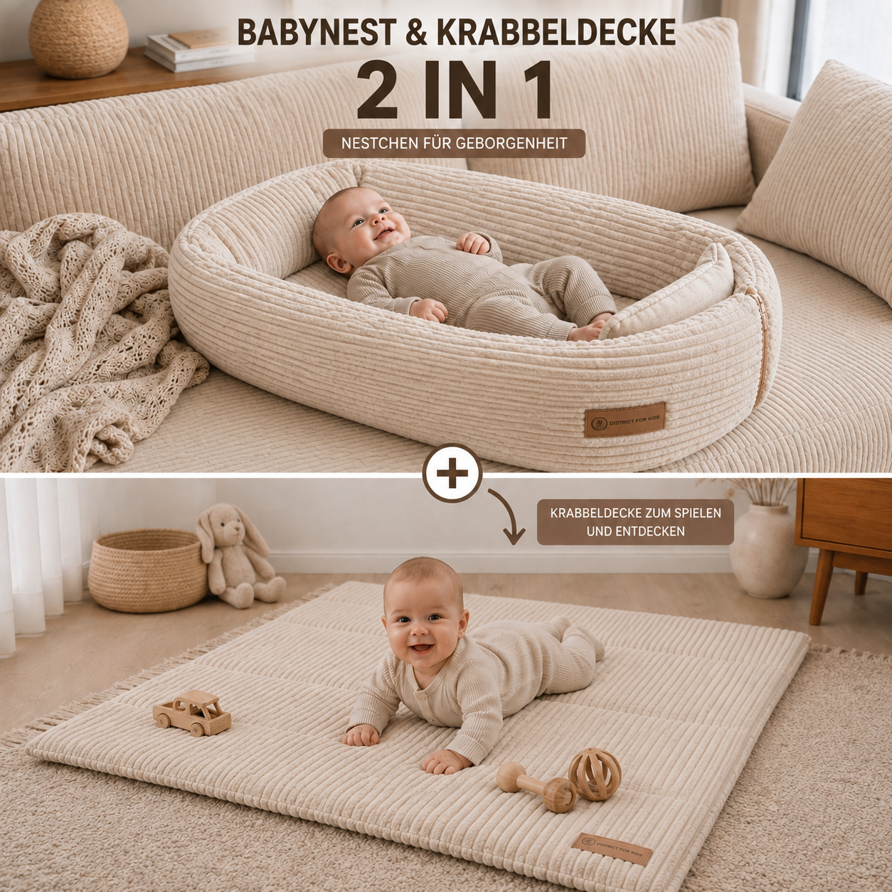 Babynest krabbeldecke 2 in1 district for kids cordc creme. ergleich