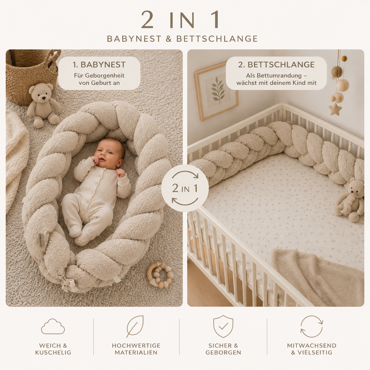 Babynest & Bettschlange 2 in 1 | Teddystoff Boucle District for Kids