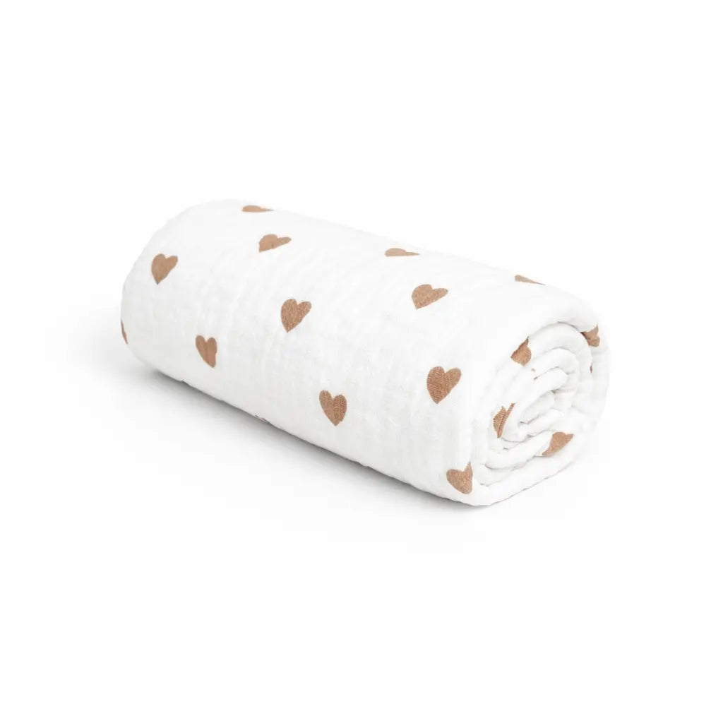 Decke Musselin Herzen braun - Mulltuch, Schmuse- & Puckdecke District for Kids