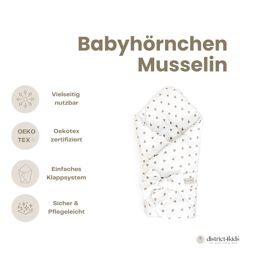 Babyhörnchen Musselin Herzen braun mit Schleife – Puckdecke & Einschlagdecke - Herzen braun / 2.5 TOG - Babyhörnchen