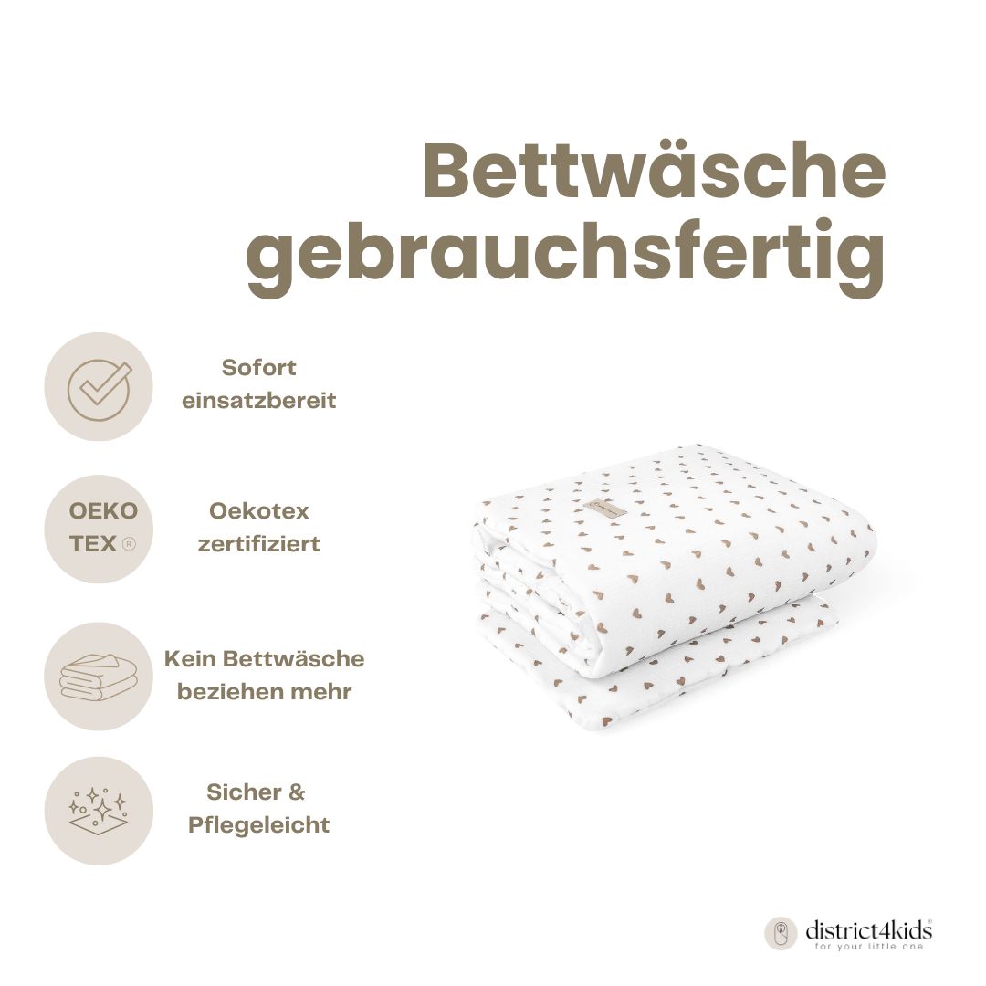 Bettwäsche gebrauchsfertig Musselin Herzen braun – Weich & Atmungsaktiv - Bettwäsche