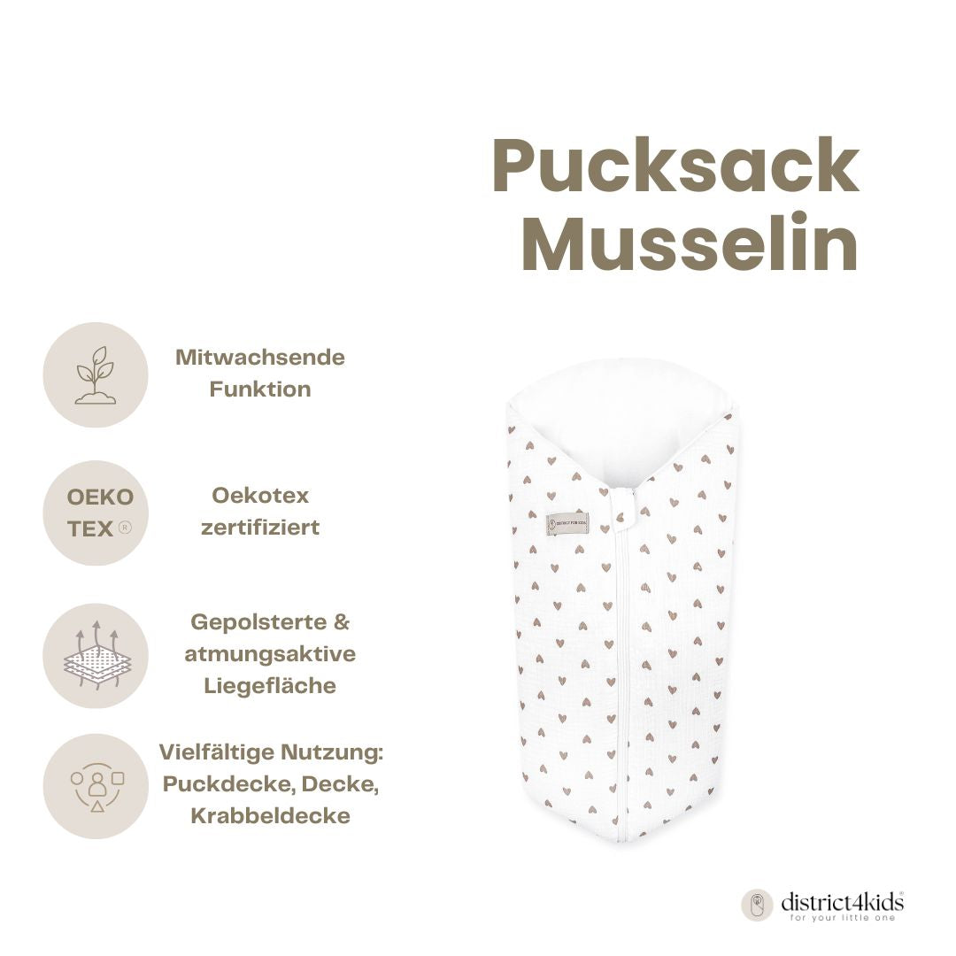 Pucksack Musselin Herzen braun mitwachsend – Ganzjahres Babyschlafsack - Pucksack