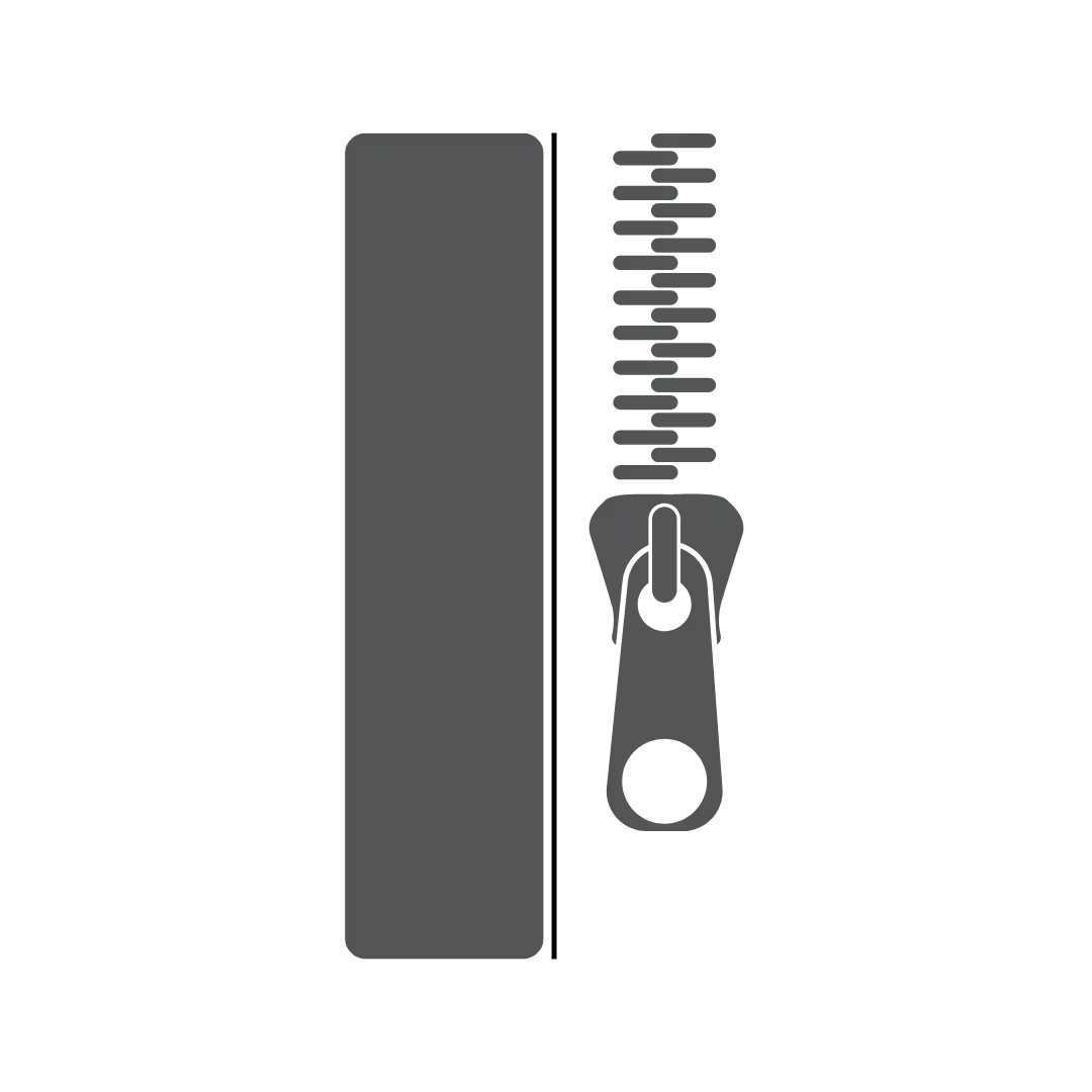 Dunkelgrauer Reißverschluss-Adapter mit einem rechteckigen Band auf schwarzem Hintergrund.