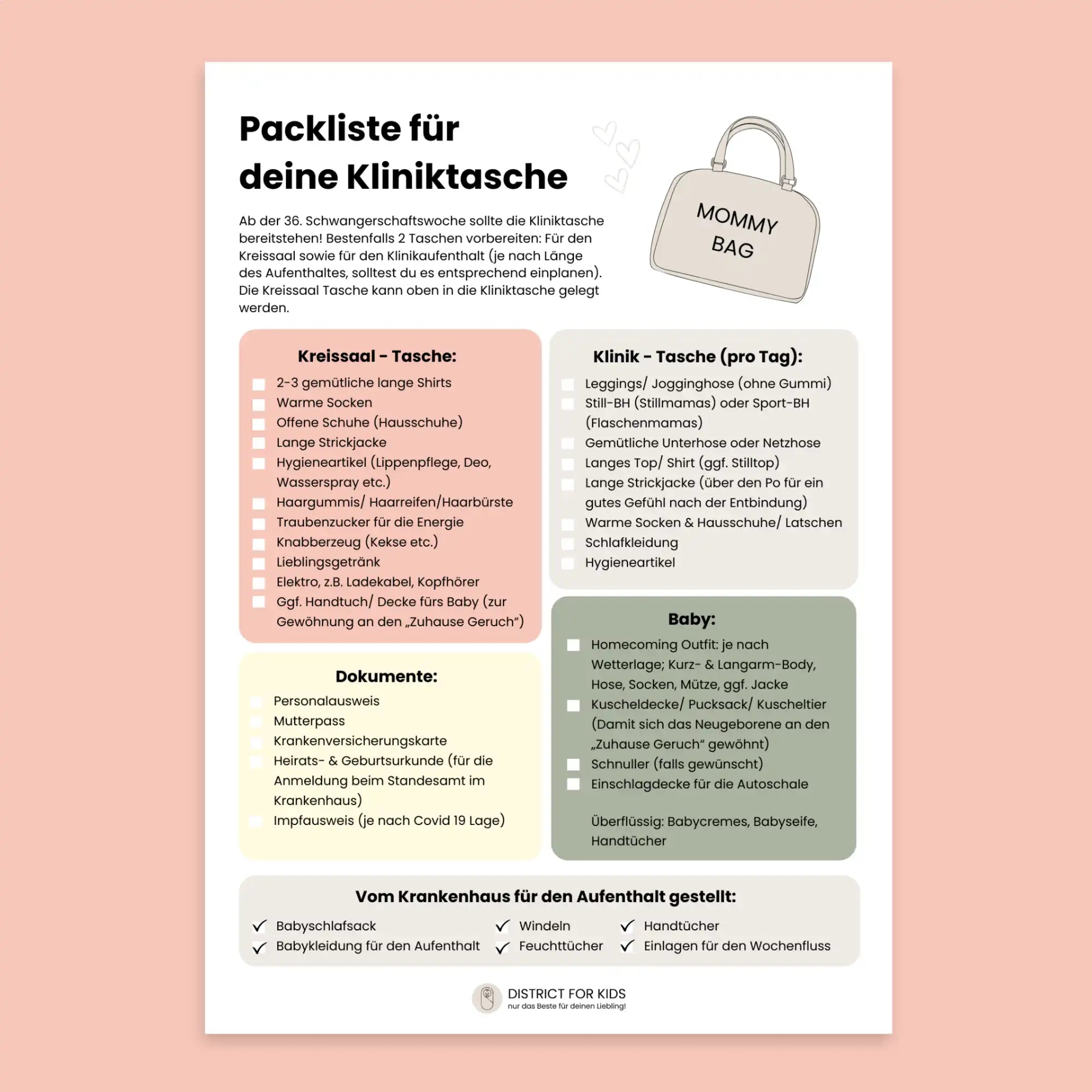 Eine Packliste für eine Krankenhaus-Tasche für werdende Mütter.