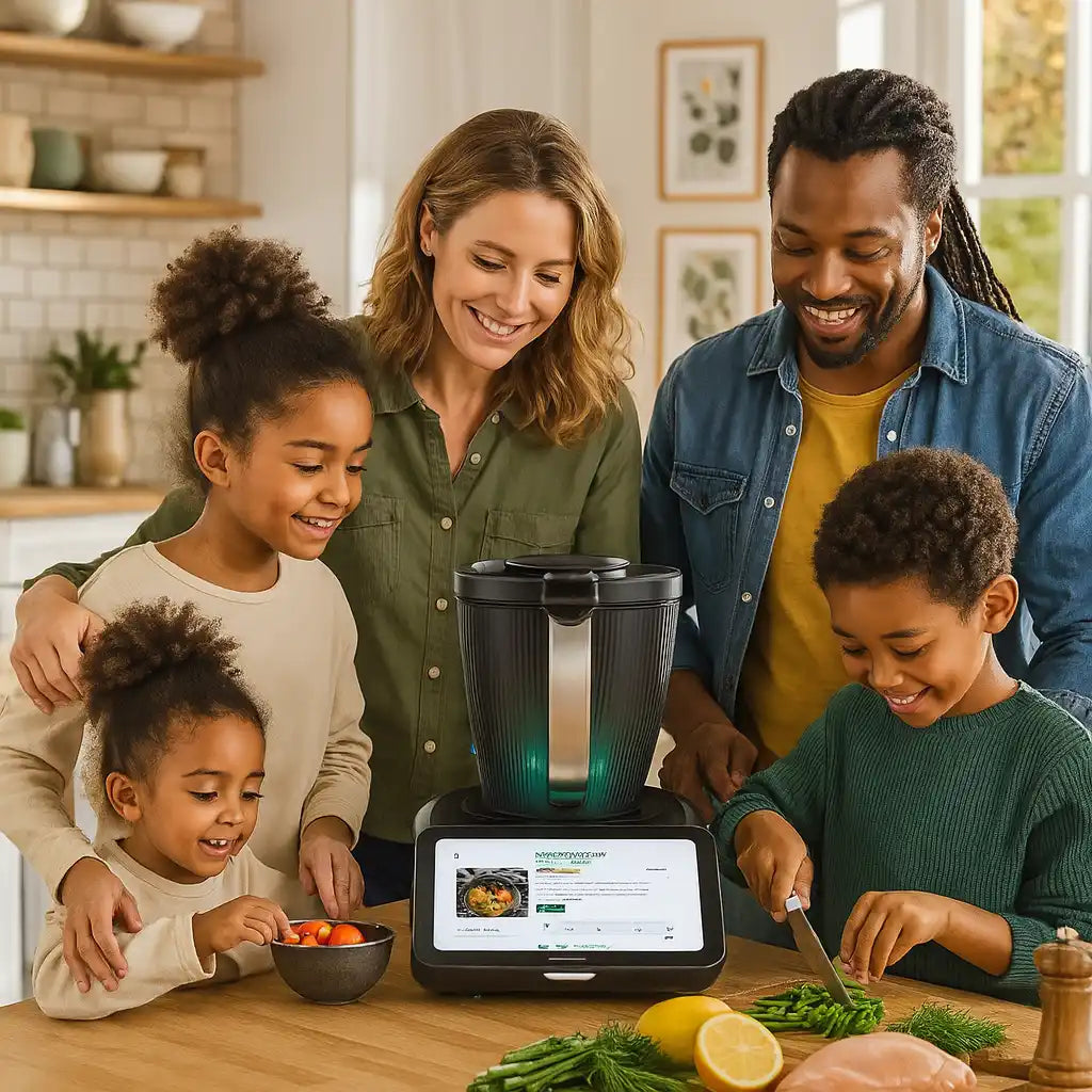 Ein modernes schwarzes Küchengerät mit Touchscreen-Display, wahrscheinlich zum Kochen oder Zubereiten von Lebensmitteln.