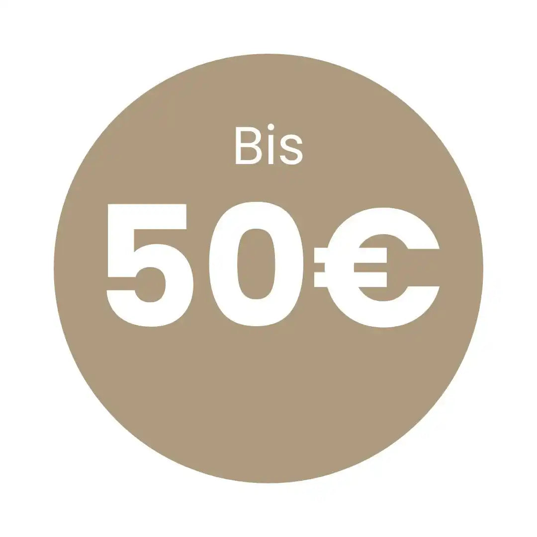 Ein runder Aufkleber, der eine Preisgrenze von 50 Euro angibt.