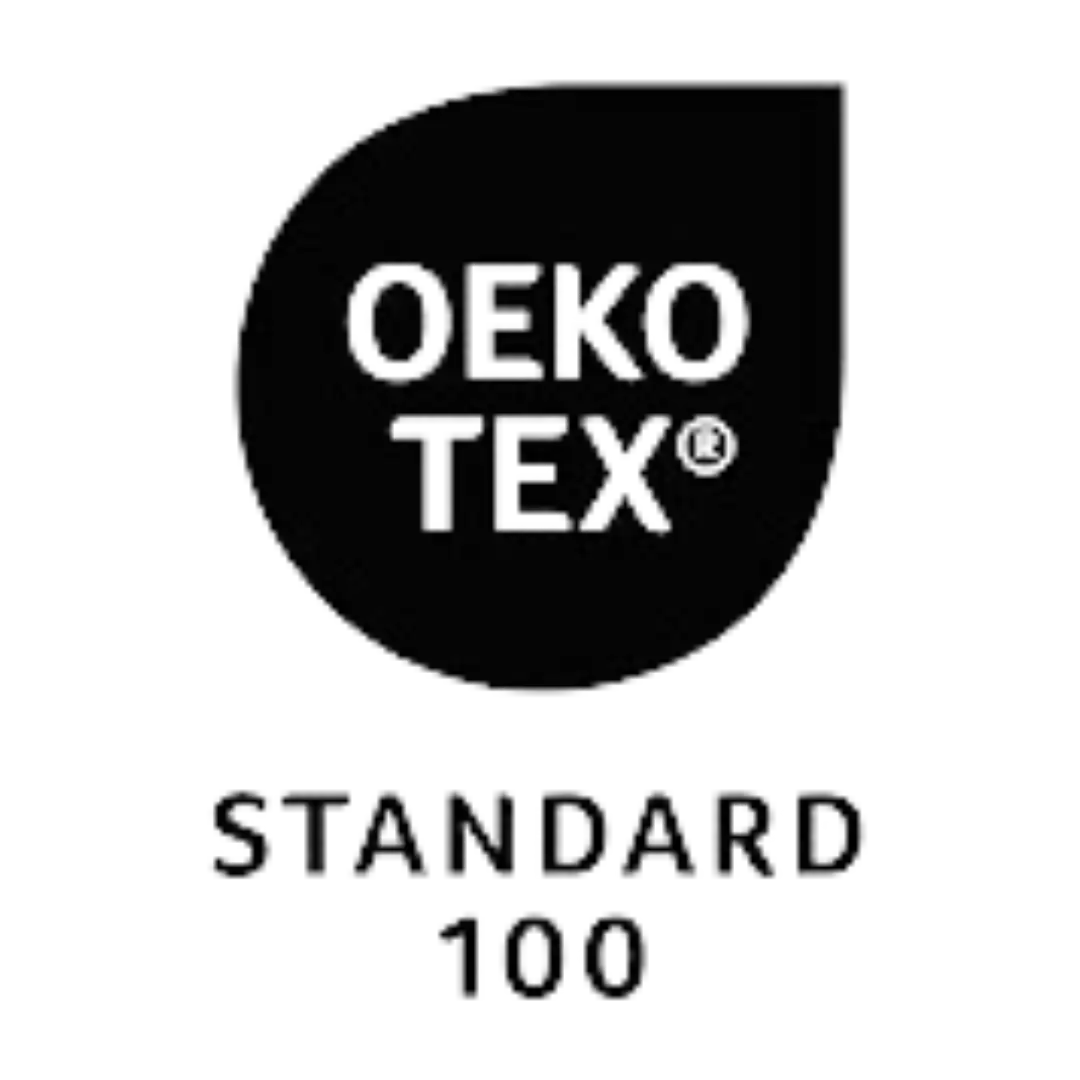 Ein schwarzes, kreisförmiges Oeko-Tex Standard 100 Zertifizierungslabel.