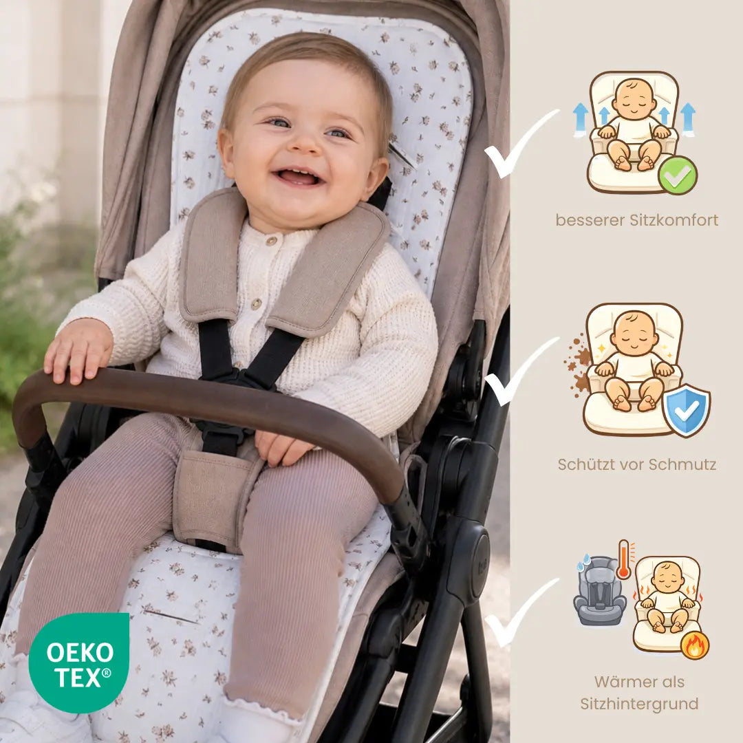 Sitzauflage Musselin Rosen für den Kinderwagen - universell passend District for Kids