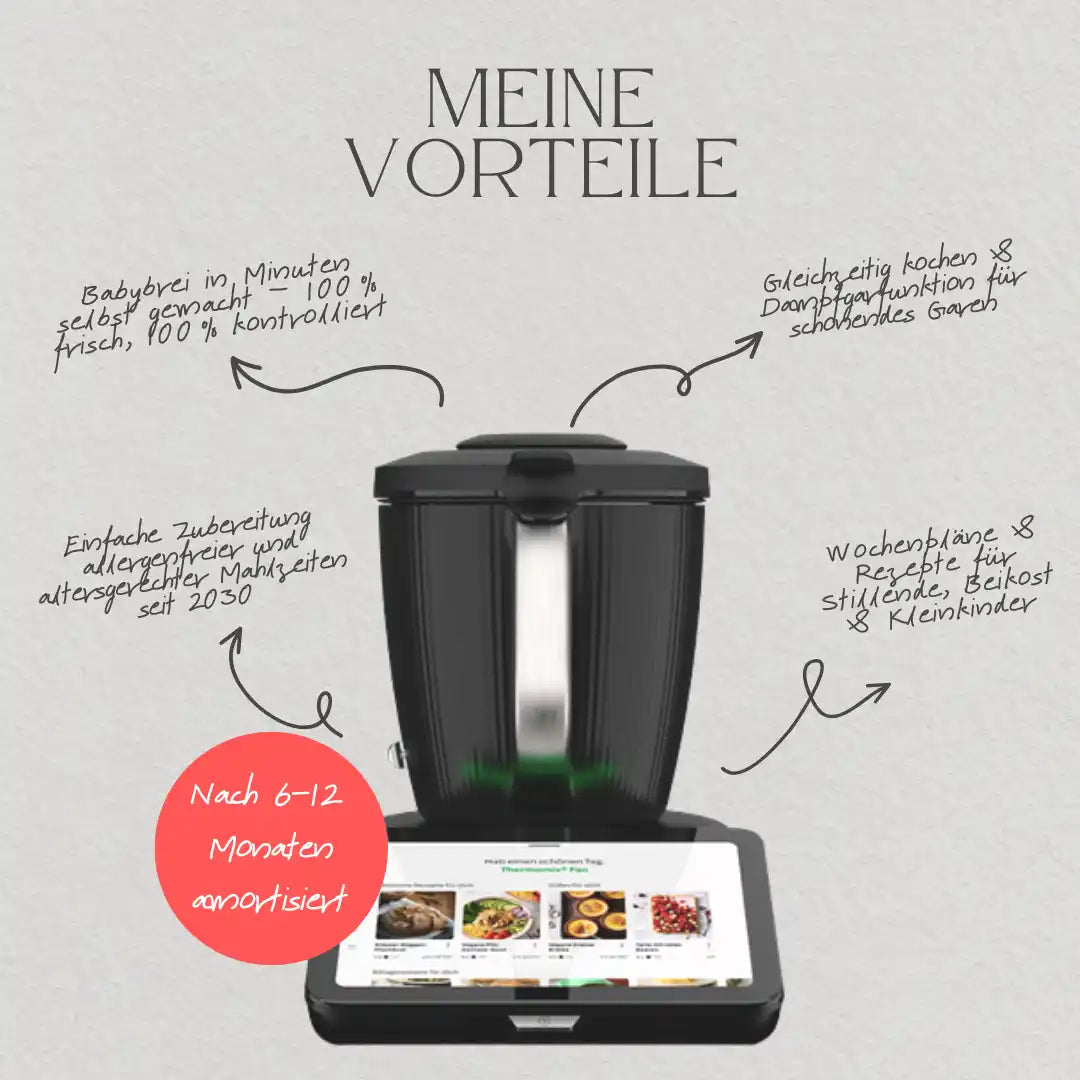 Ein intelligentes Küchengerät mit Touchscreen-Display, das Rezepte und Kochfunktionen anbietet.